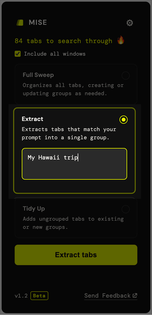 Mise popup in Extract mode