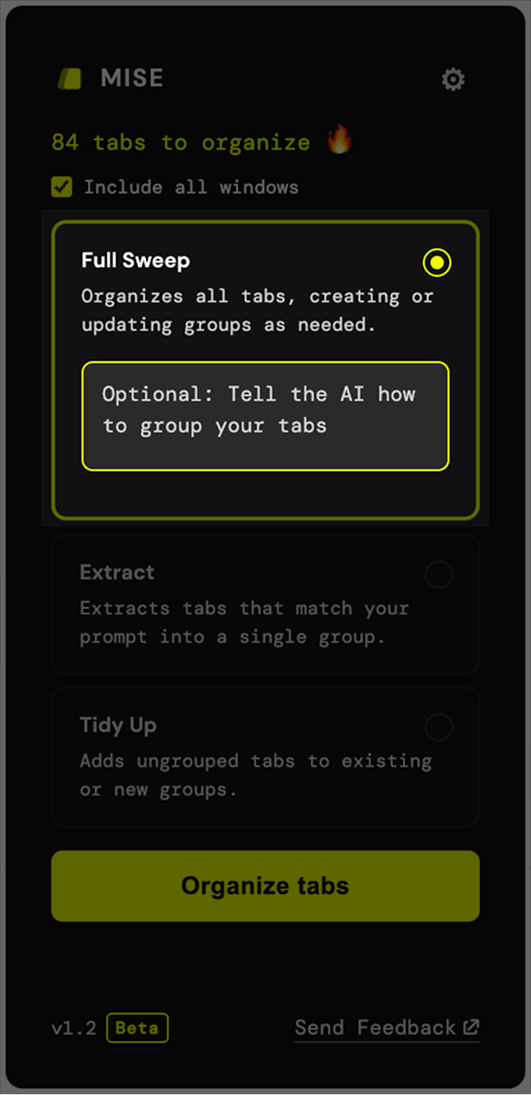Mise popup in Full Sweep mode