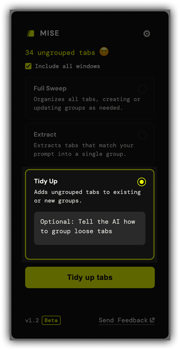 Mise popup in Tidy Up mode