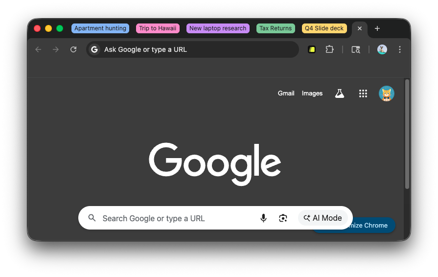Chrome tab bar showing groups: Apartment hunting, Trip to Hawaii, New laptop research, Tax Returns