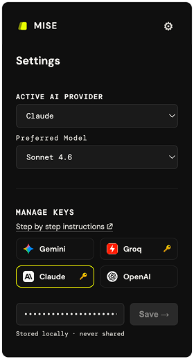 Mise model settings