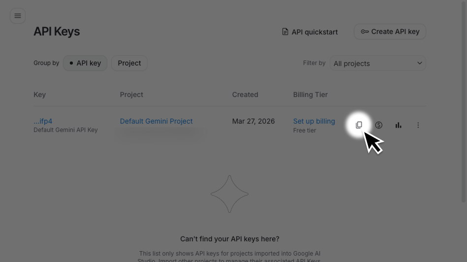 Google AI Studio API keys page